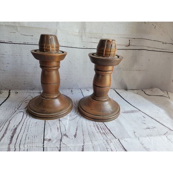 Vintage Pair Of Hand Carved MCM Wooden Candle Stick Holders 8.5 Inch READ - Picture 1 of 10